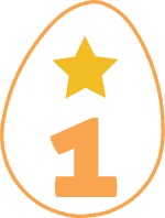 A white egg with an orange border that has a star and the number 1 inside it.