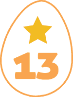 A white egg with an orange border that has a star and the number 13 inside it.