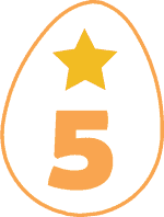 A white egg with an orange border that has a star and the number 5 inside it.