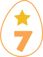 A white egg with an orange border that has a star and the number 7 inside it.