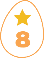 A white egg with an orange border that has a star and the number 8 inside it.