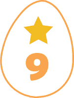 A white egg with an orange border that has a star and the number 9 inside it.